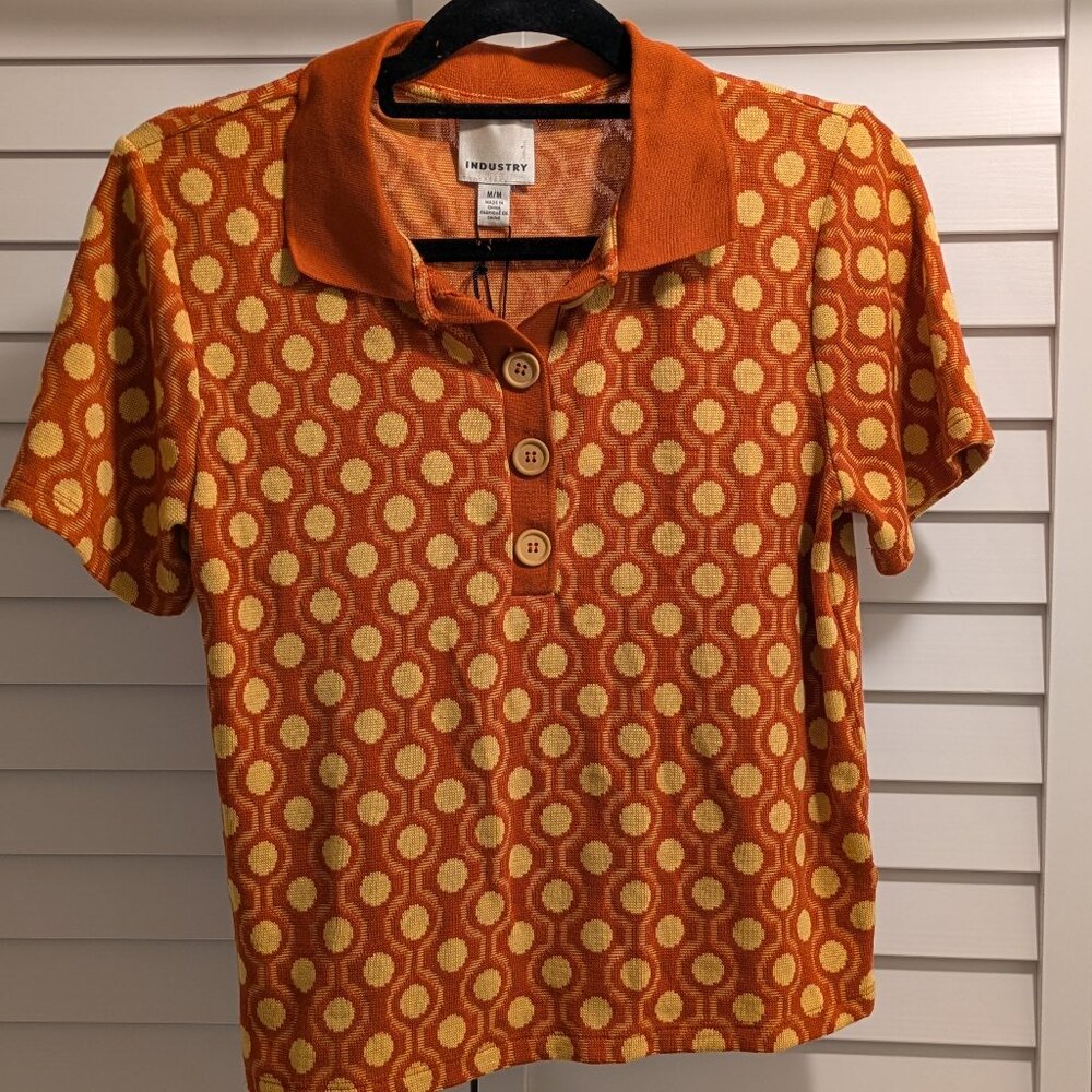 Orange and Maize Industry Knit Top with Button Detail and Collar